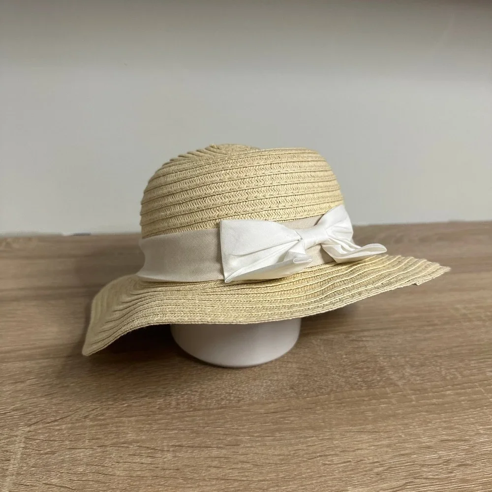 Catherine Malandrino Straw Sun Hat Womens‎ OS Beige White Bow Wide Brim Feminine